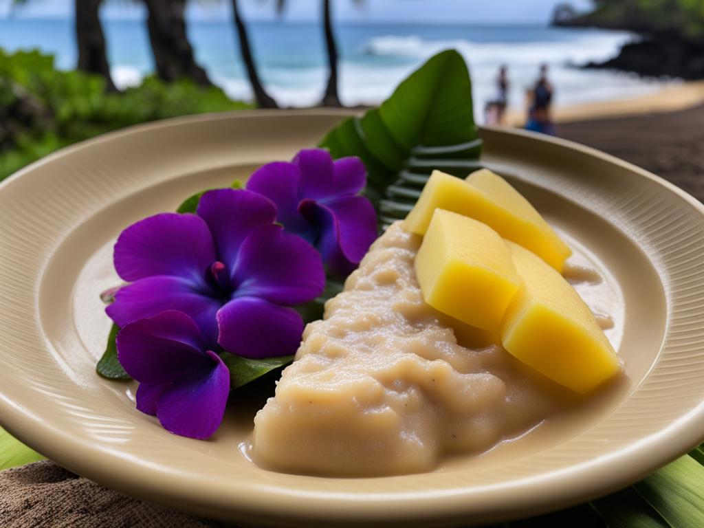 kulolo, a traditional hawaiian taro pudding, enjoyed at a luau on the shores of maui. 