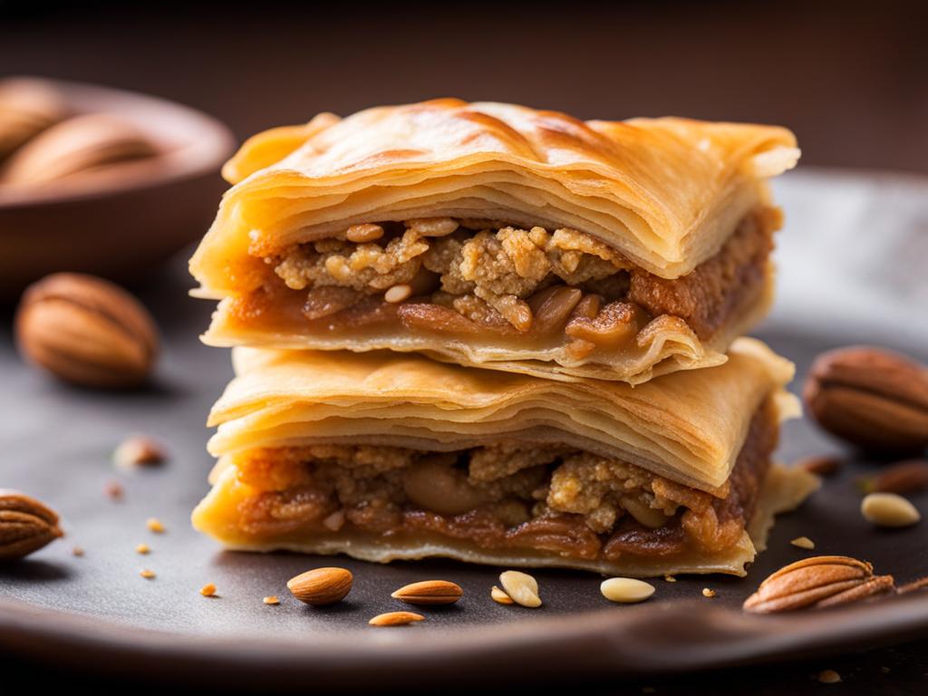 baklava, a flaky pastry made with layers of phyllo dough, honey, and nuts. 