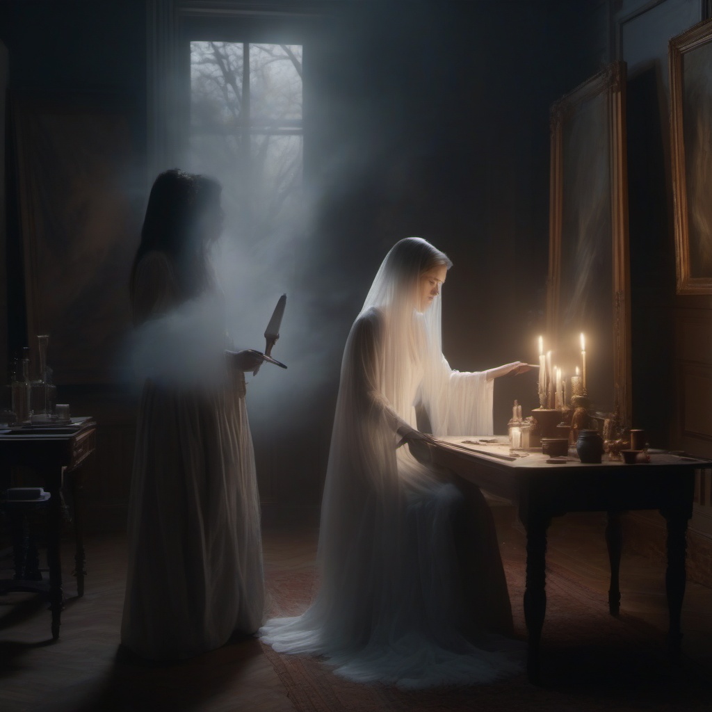 Ghostly apparition appears to a painter, guiding their brush to create hauntingly beautiful art.  8k, hyper realistic, cinematic