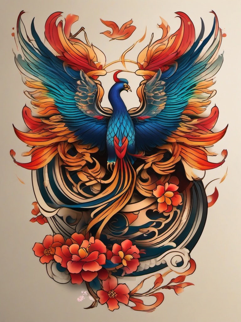 Japanese phoenix tattoo, Tattoos inspired by Japanese culture featuring the iconic phoenix. , color, tattoo design