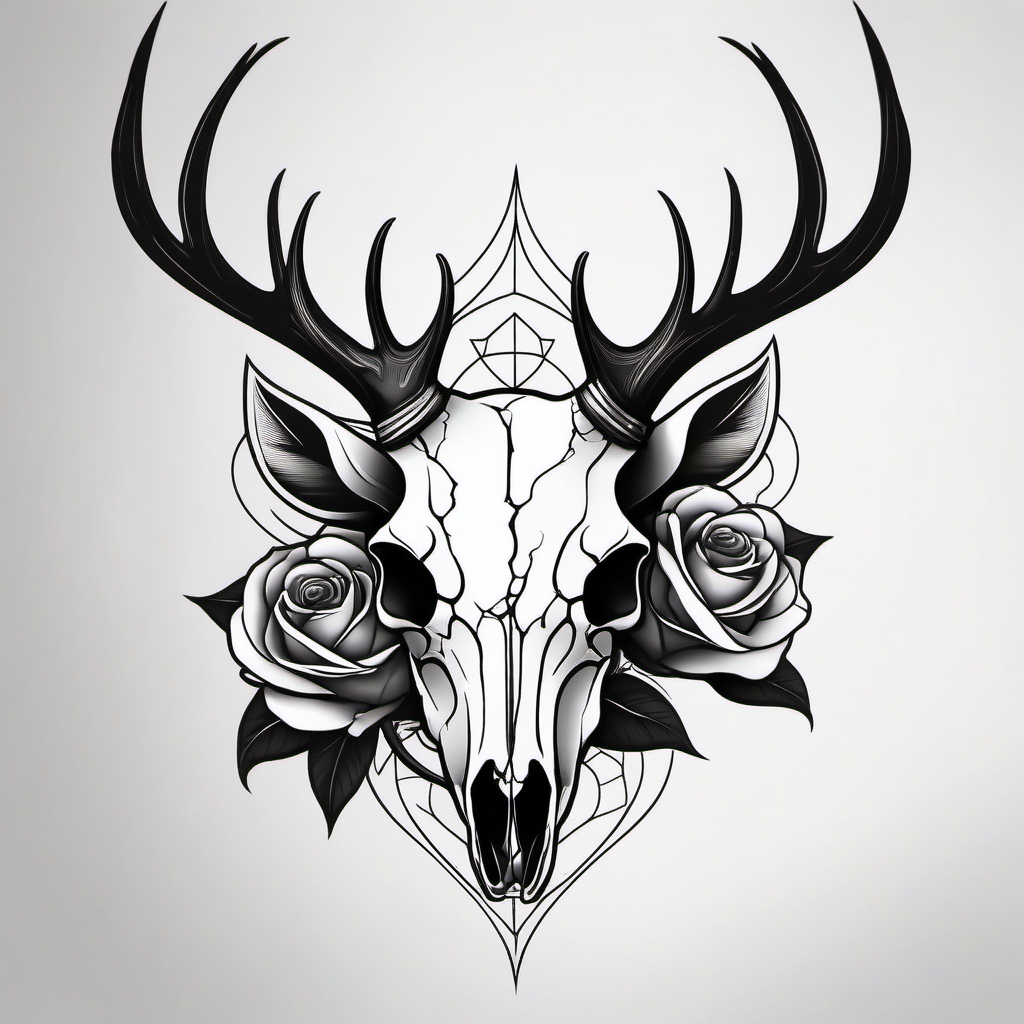 Subtle deer skull with a single rose, minimalist and meaningful.  black and white tattoo style