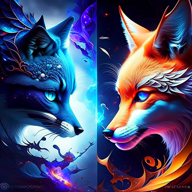 changeling vs kitsune - shape-shifting tricksters clash in a mystical realm, illusions and transformations dazzling the eye. 