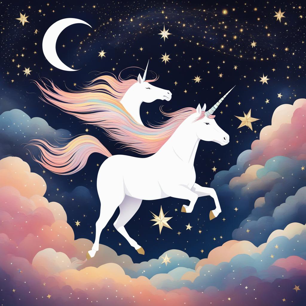 adventurous unicorn soaring through a starry night sky, its wings of light guiding it among the constellations. 