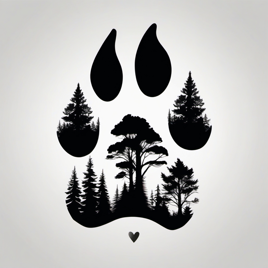 Paw with forest silhouette ink. Wildlife sanctuary.  minimal color tattoo design