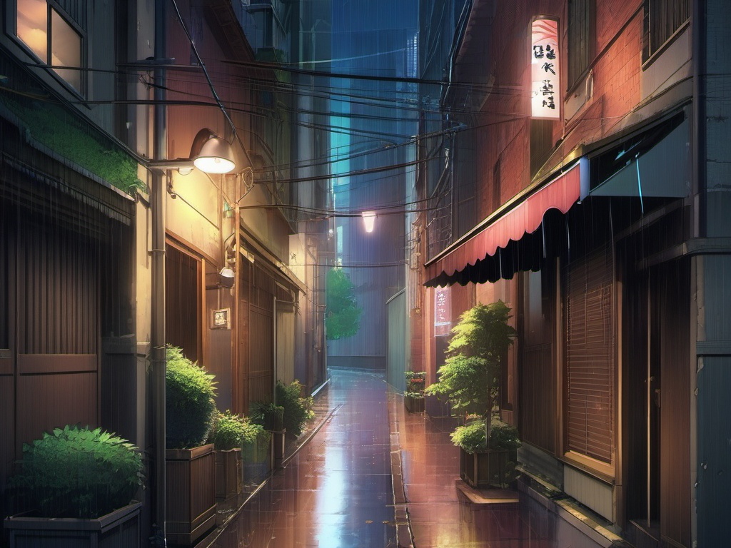 Rainy city alley with clues. anime, wallpaper, background, anime key visual, japanese manga