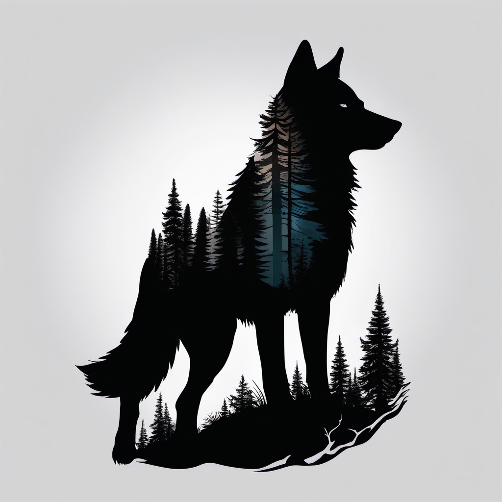 silhouette wolf forest tattoo  simple color tattoo,white background