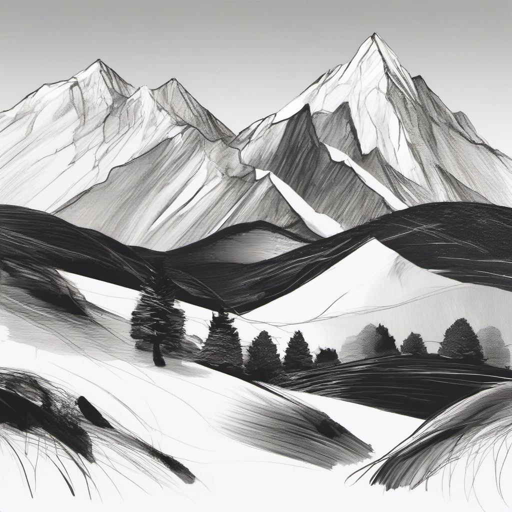 sketches of mountains and trees  minimal rough sketch scribbles,doodles,black and white