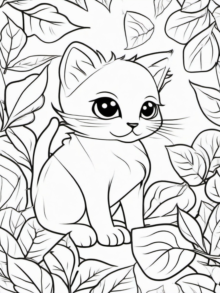 Kitty Playing with Leaves Coloring Pages - Kitten Having Fun in the Leaves  minimal black outline printable sheet, coloring page