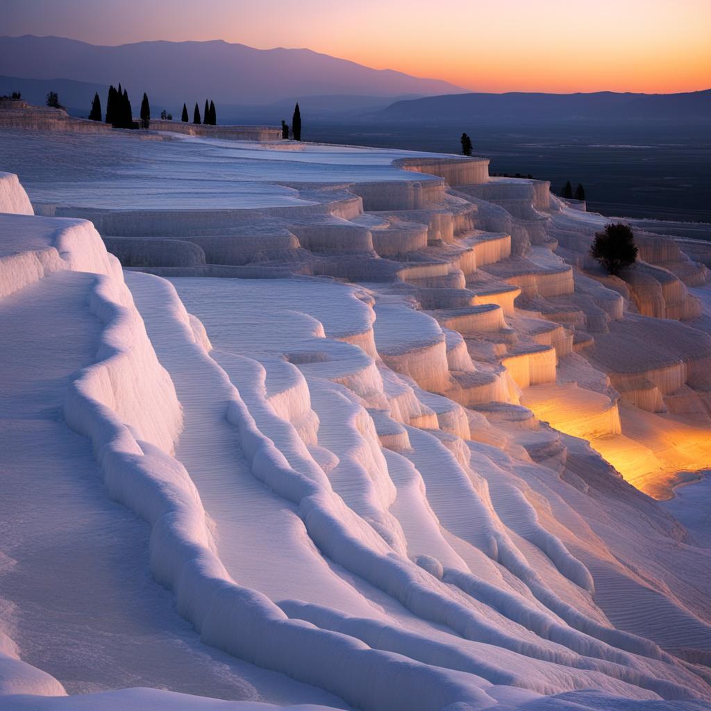 pamukkale, turkey - paint the surreal white terraces of pamukkale, illuminated by the soft glow of the moon. 