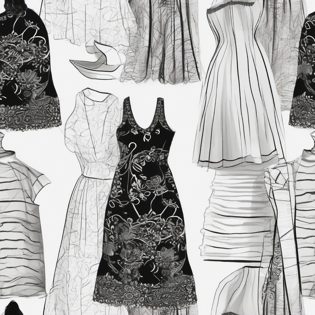 drawing of a dress with patterns  minimal rough sketch scribbles,doodles,black and white