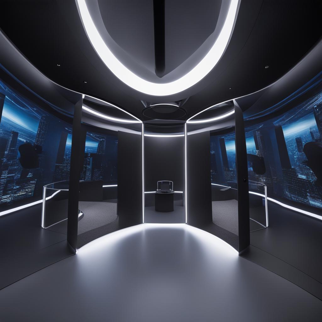 virtual reality immersion chambers, transporting users to immersive digital worlds. 