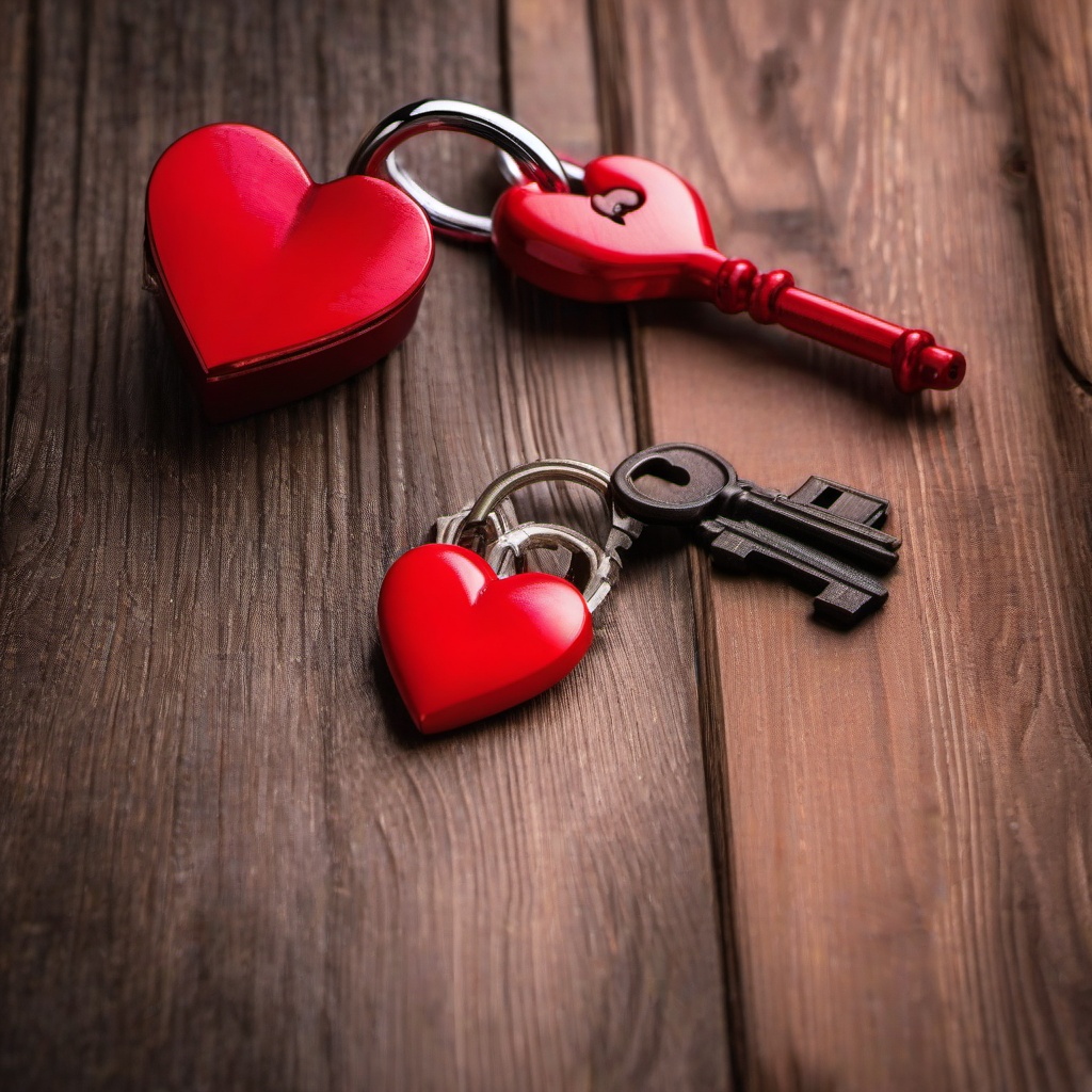 Valentines Day background - Close-up of a red heart lock and key on a wooden surface  