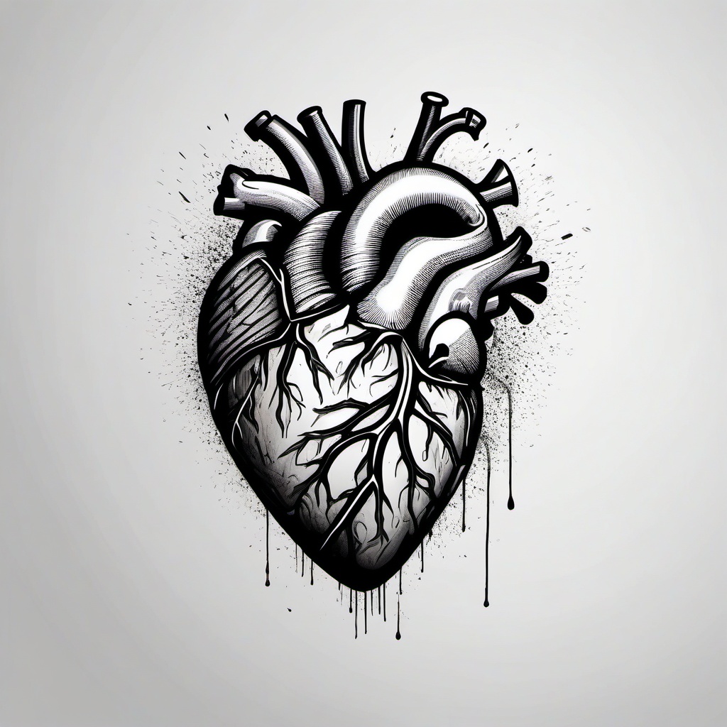 Crushed heart tattoo, Heart seemingly crushed, yet beating strong, symbolizing resilience in love. , tattoo color art, clean white background