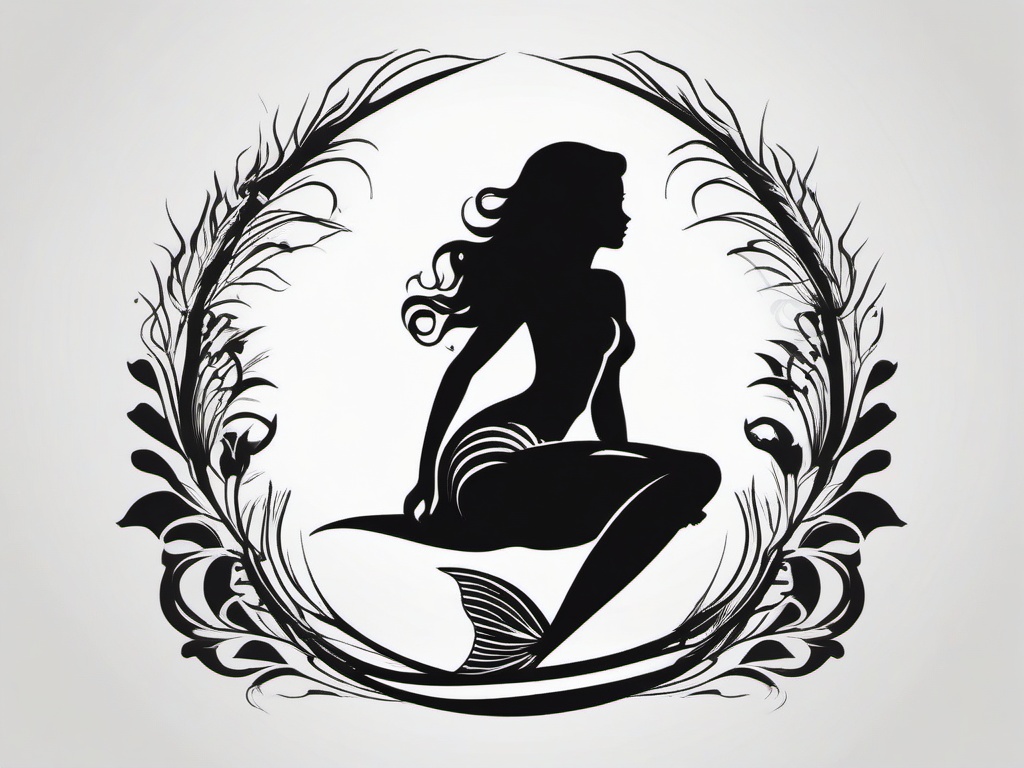 Mermaid Silhouette Tattoo - Showcase the graceful silhouette of a mermaid in a stylish tattoo design.  simple vector color tattoo,minimal,white background