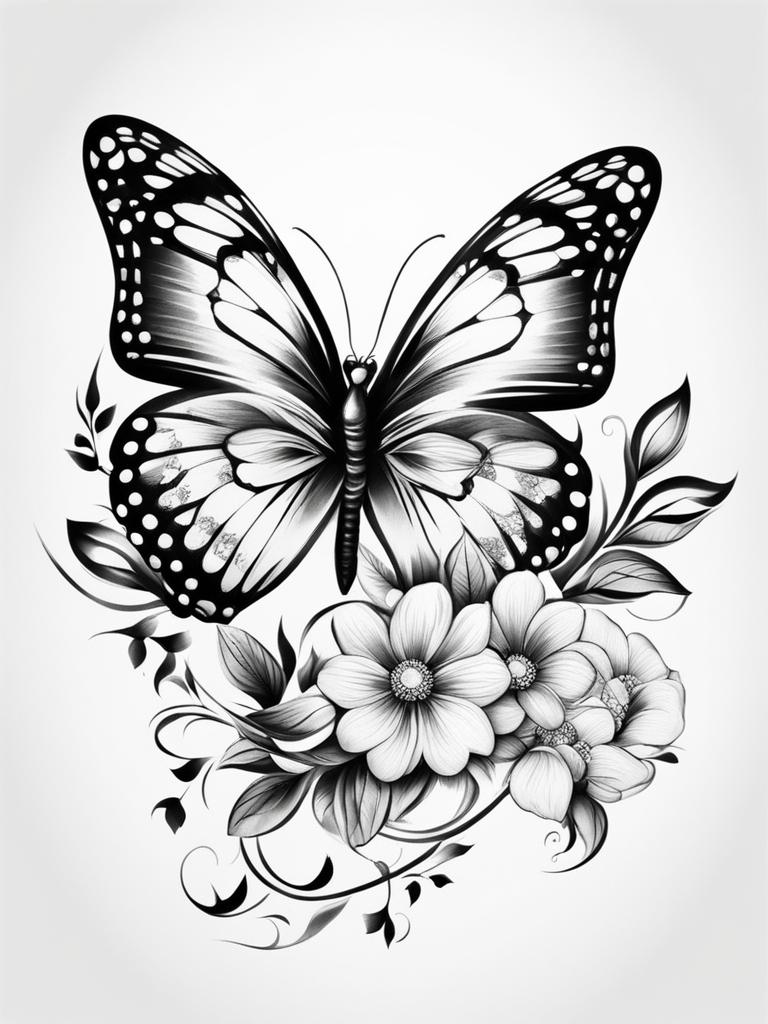 Butterfly flower tattoo,Combining butterflies and floral elements in tattoos. tattoo design, white background