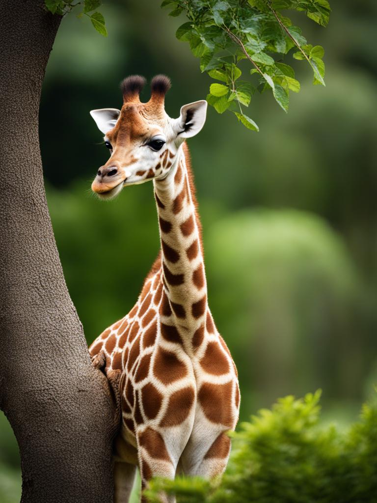 sweet baby giraffe, with its long neck reaching for leaves on a tree. 