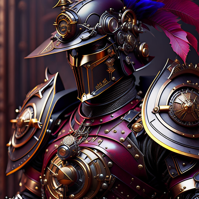 clockwork knight with a suit of mechanized armor, a protector of steampunk realms. 