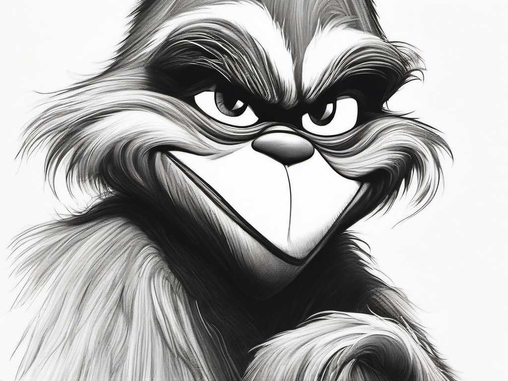 drawing of The Grinch with his heart growing  minimal rough sketch scribbles,doodles,black and white