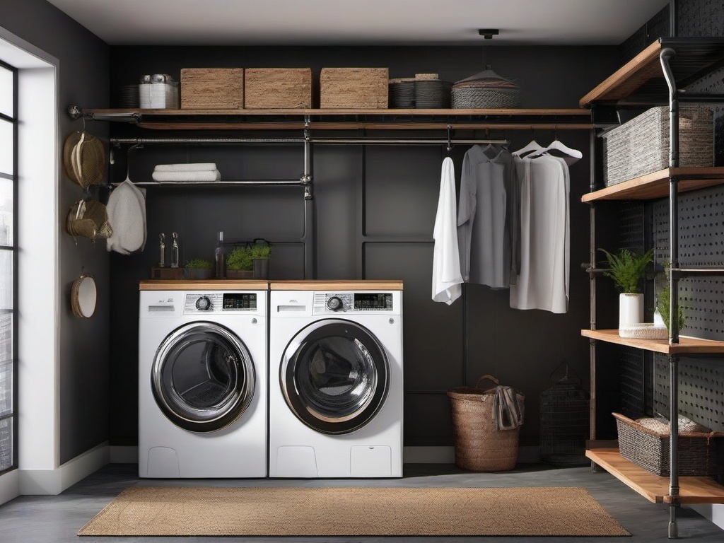 Industrial laundry room incorporates exposed pipes, metal accents, and wooden shelving, giving it a trendy urban vibe while maximizing utility.  