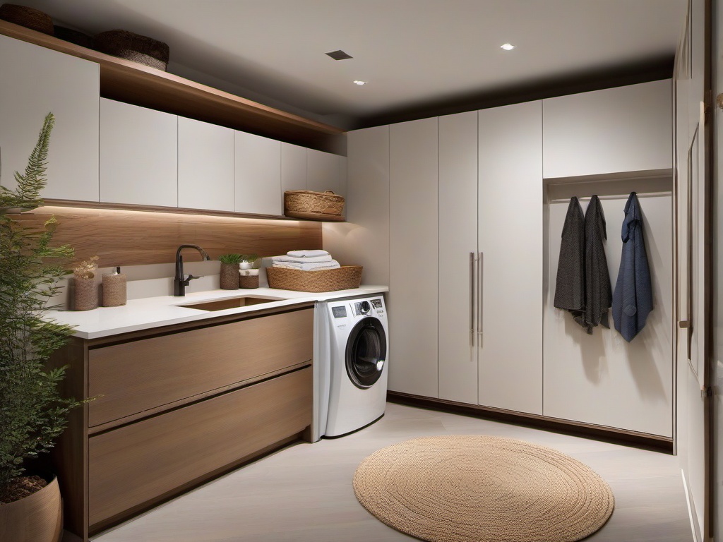 Organic Modern laundry room highlights natural materials, soothing colors, and simple designs for a calming environment that encourages relaxation.  