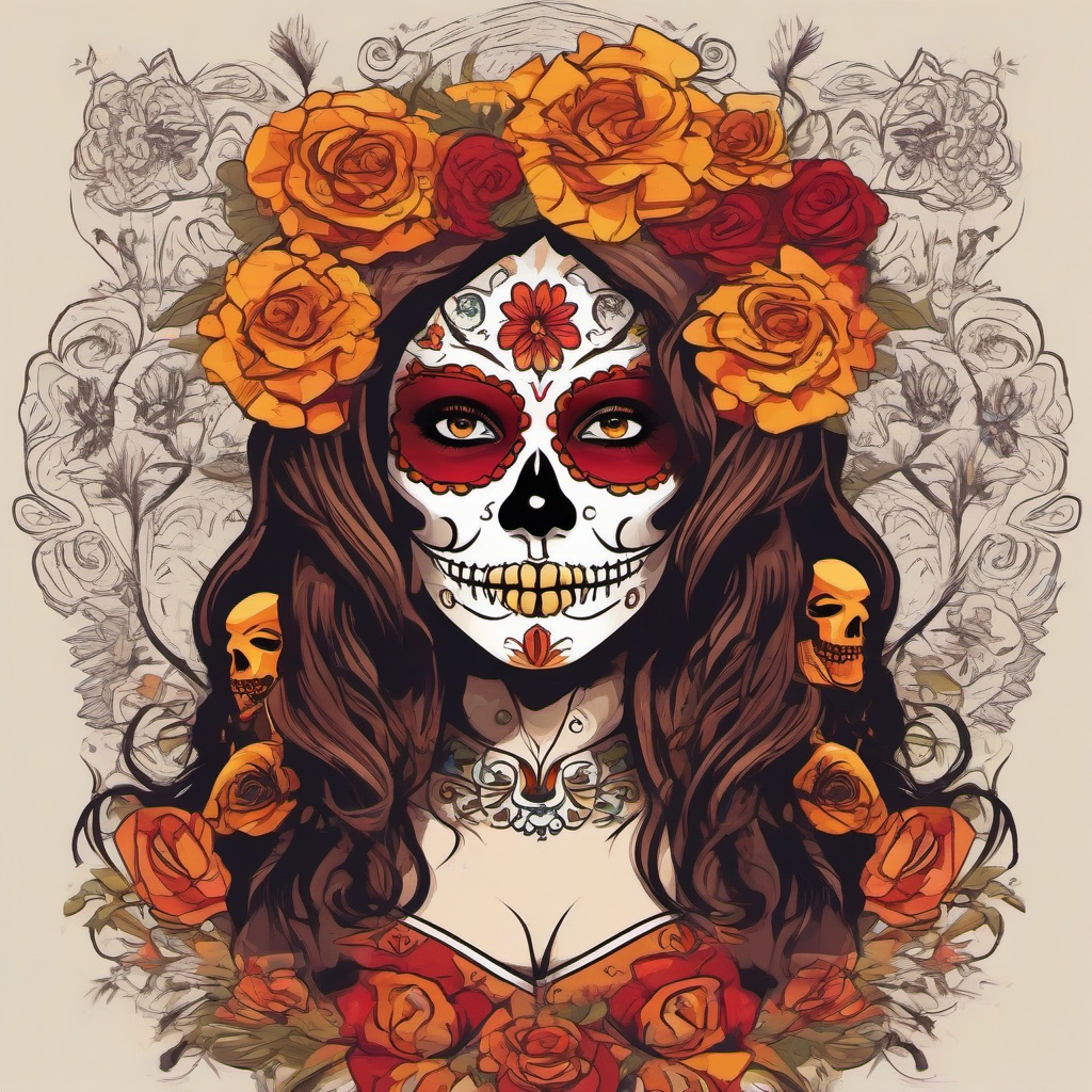 Create a detailed and vibrant Day of the Dead (Día de los Muertos) portrait featuring a female figure with a beautifully painted sugar skull face. Her face should have intricate patterns and floral designs in red, orange, and yellow tones, with dark, flowing hair. Surround her head with lush, blooming marigolds, roses, and other flowers in rich autumnal hues such as deep reds, oranges, and yellows. The flowers should cascade into her hair, blending seamlessly with her flowing locks. The design should have an expressive and mystical feel, with detailed highlights on the skull face and the flowers. The background should be simple or dark to make the central figure and vibrant colors stand out, creating a stunning contrast. The style should evoke the traditional Mexican Day of the Dead art with modern flair, suitable for apparel or posters.  colors,professional t shirt vector design, white background