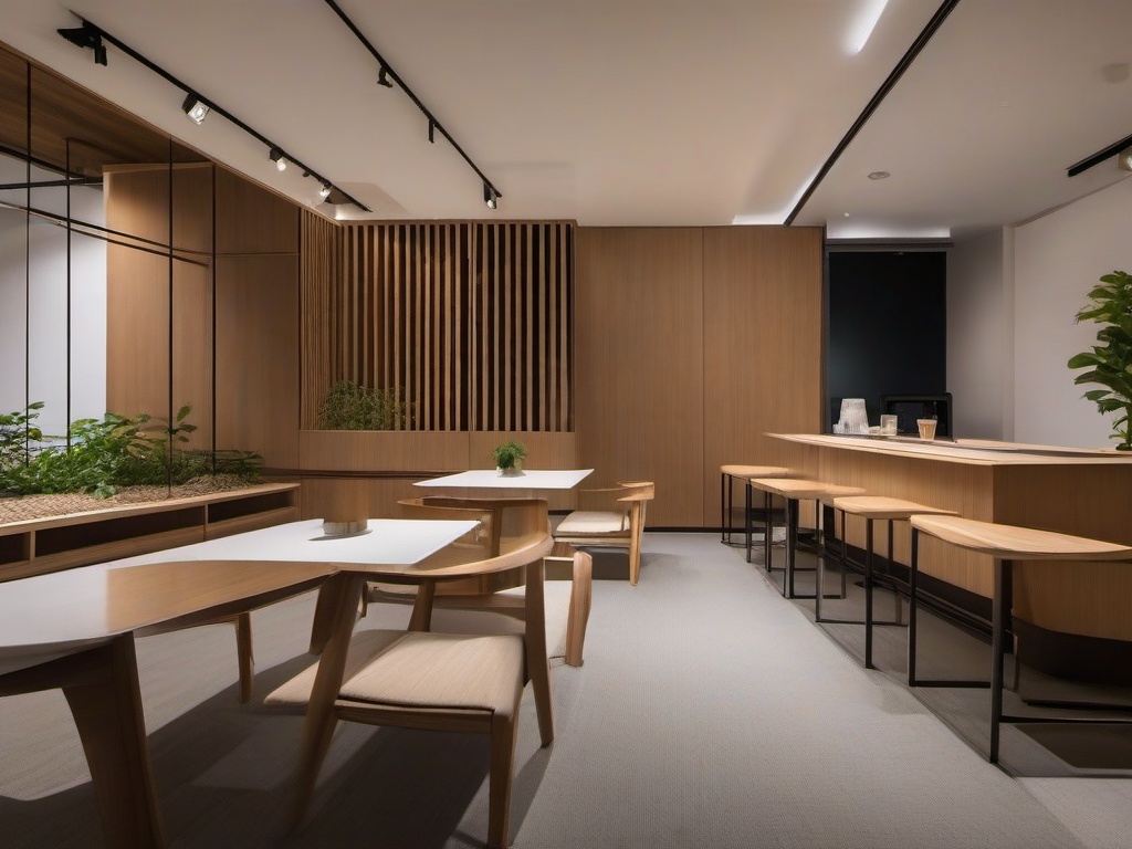 In the office break room, Japanese Zen interior design includes functional furniture, natural materials, and a calming aesthetic that encourages relaxation and socialization among employees.  