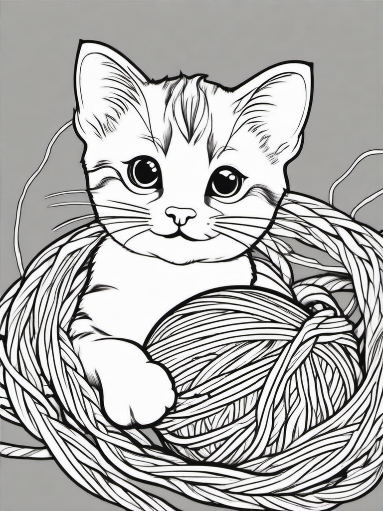 Kitty with Ball of Yarn Coloring Pages - Curious Kitty Tangled in Yarn  minimal black outline printable sheet, coloring page