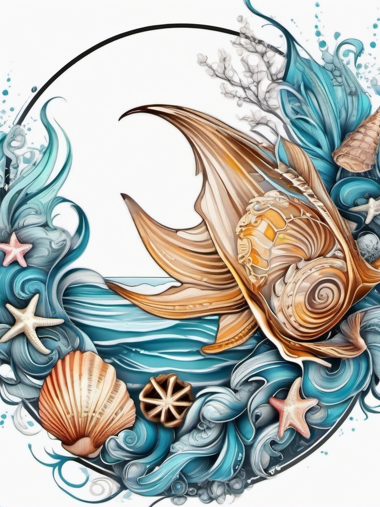 Cancer symbol with seashells ink. Coastal charm in art.  color tattoo design, white background