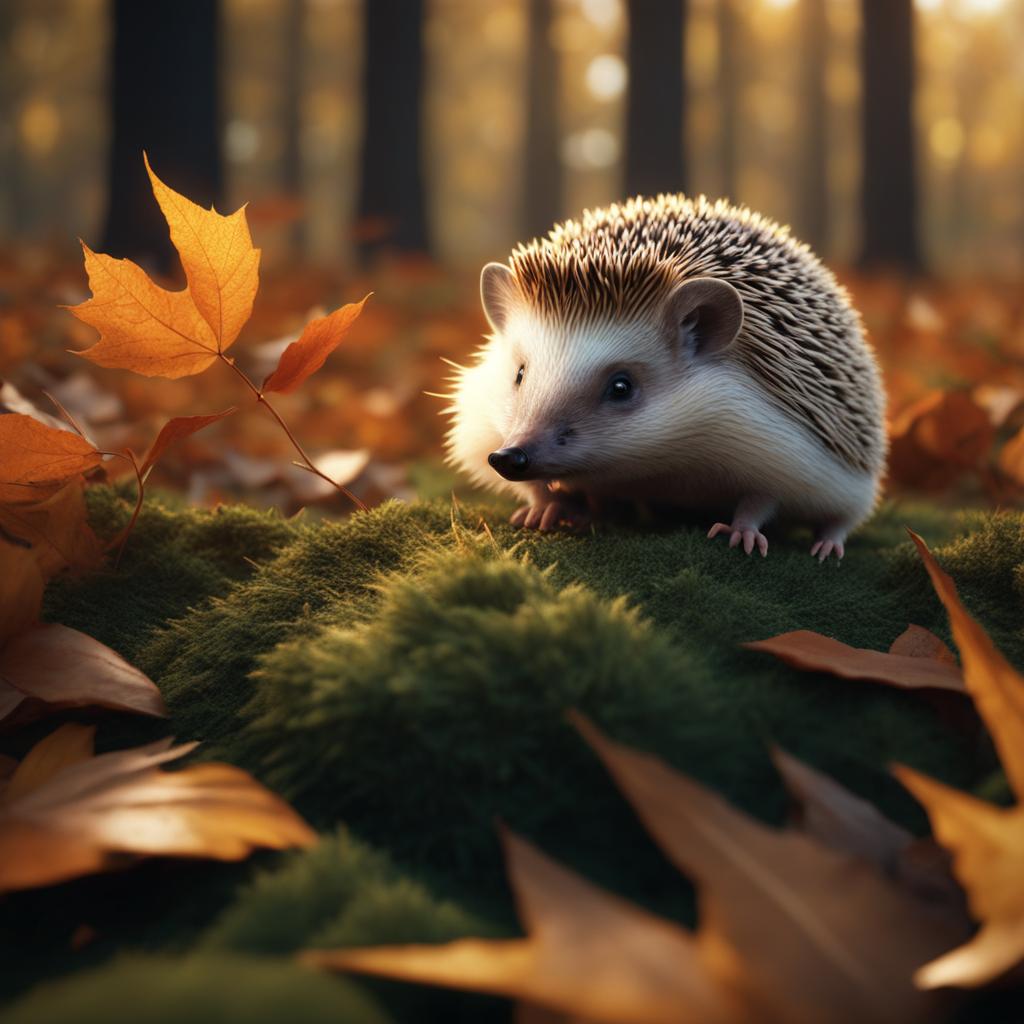 hedgehog rolling into a protective ball amidst fallen leaves 8k ultrarealistic cinematic 