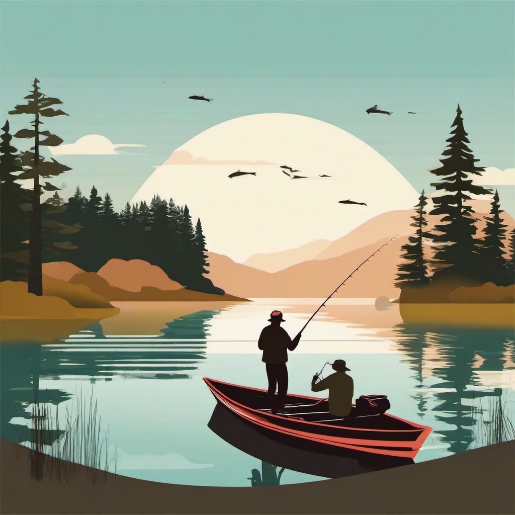 June clipart - fishing trip in a lake during June  color,minimalist,vector clipart