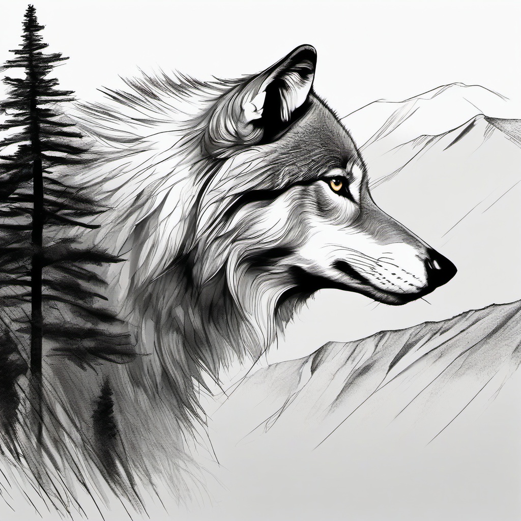 drawing of a wolf in mountaintop  minimal rough sketch scribbles,doodles,black and white