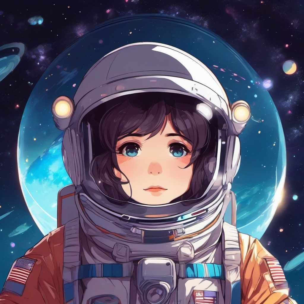 Brave anime astronaut, floating in a space suit, conducting experiments in the vastness of outer space.  front facing ,centered portrait shot, cute anime color style, pfp, full face visible