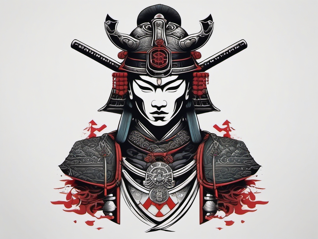 Samurai tattoo with symbols that seem to whisper ancient secrets.  color tattoo,minimalist,white background