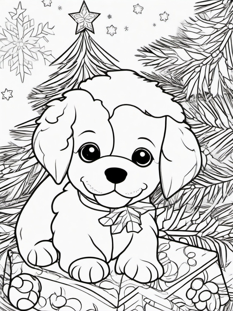 Puppy and Christmas Tree Coloring Pages - Holiday Fun with a Puppy  minimal black outline printable sheet, coloring page