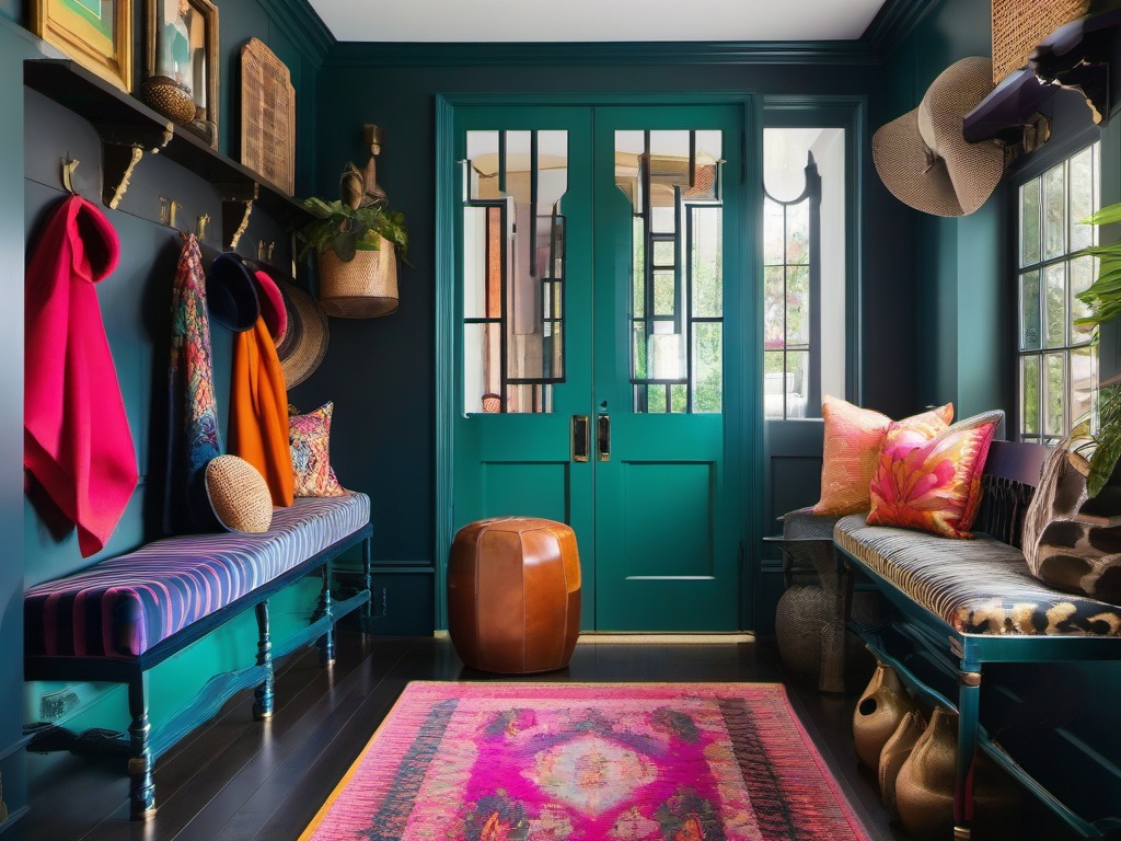 Maximalist mudroom showcases bold colors, eclectic decor, and a mix of furniture styles, making it a lively and dynamic space for entering the home.  