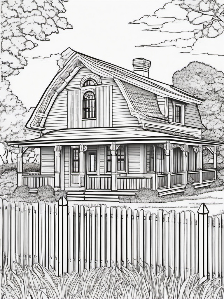 House Coloring Pages - Farmhouse with a wraparound porch and fields  simple coloring pages