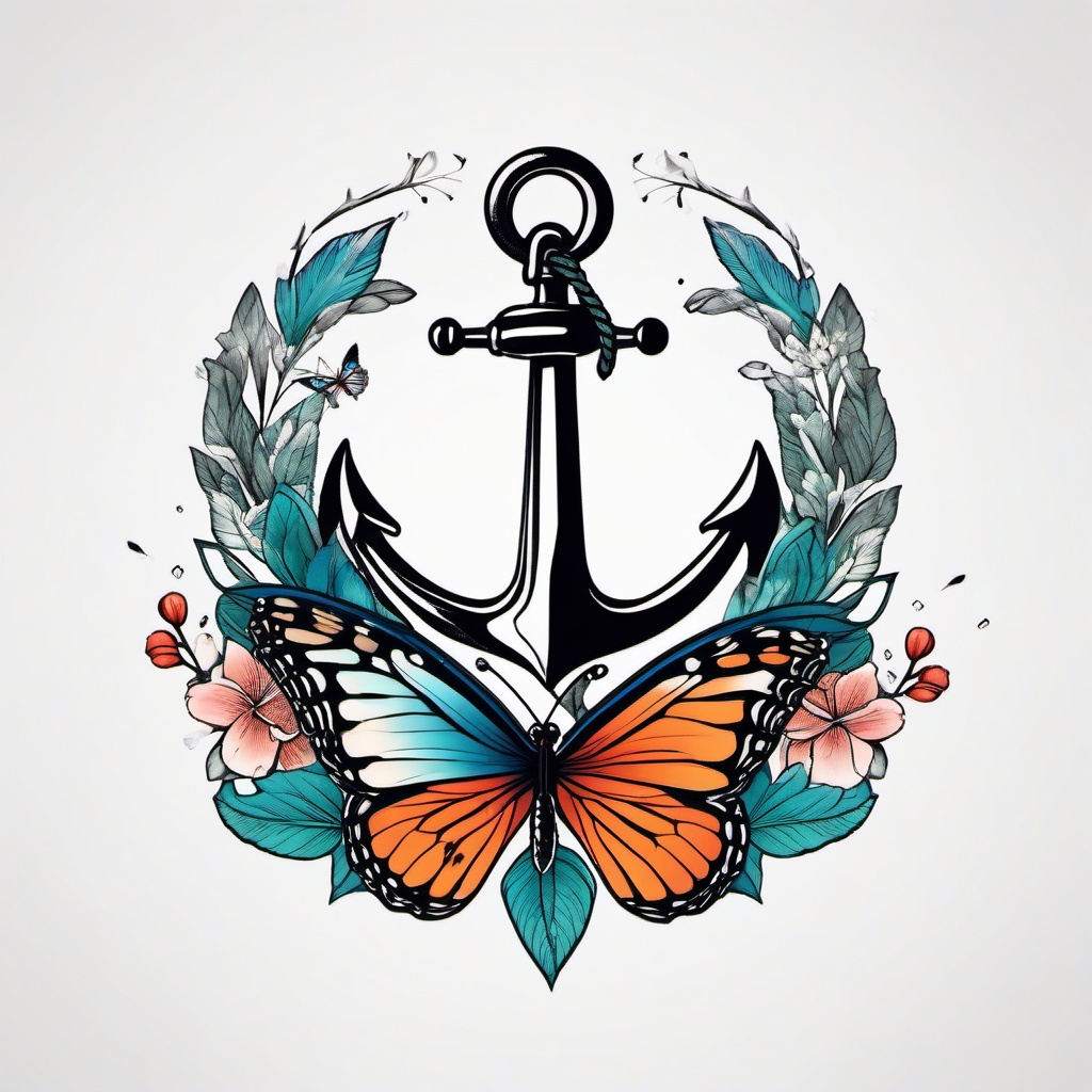 anchor and butterfly tattoo  simple color tattoo,white background,minimal