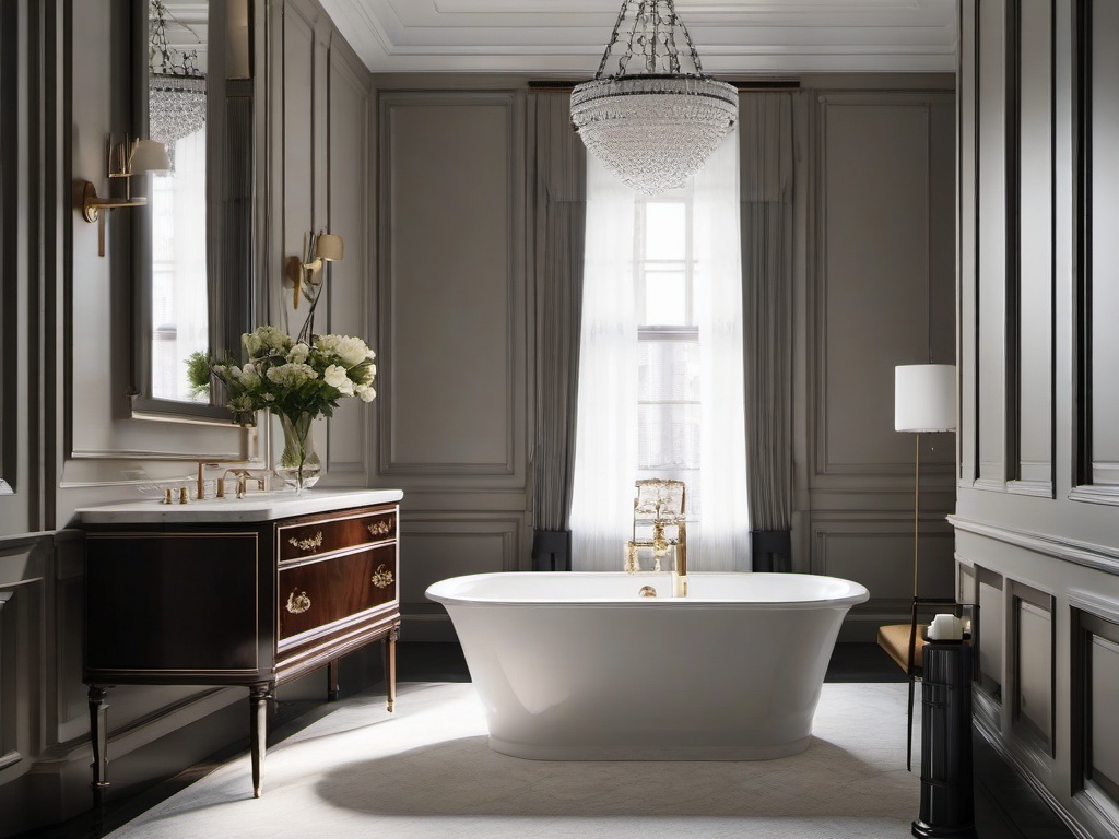 Neoclassical small bathroom features simple cabinetry, decorative moldings, and classic furnishings that create an elegant and timeless space.  