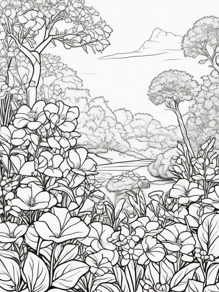 Periwinkle coloring page sheet - Periwinkle flowers growing wild in a woodland garden.  black outline printable coloring page