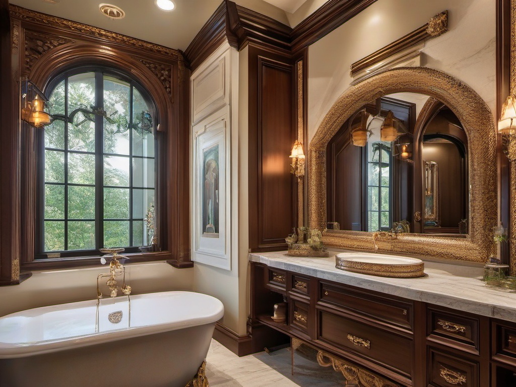 A bathroom with Italian Renaissance interior design incorporates elegant vanities, marble countertops, and intricate tile work that transform the space into a luxurious retreat reminiscent of historic palaces.  