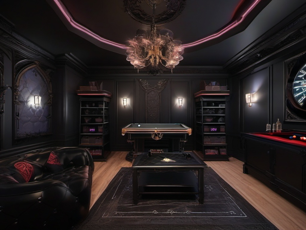 In the gamer room, Gothic interior design features dark colors, themed decor, and intricate lighting that create an immersive gaming experience infused with a sense of drama.  