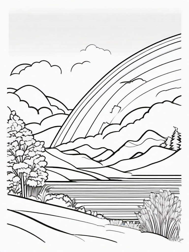 Rainbow Coloring Page - Rainbow alongside a cheerful landscape.  easy,simple,minimal,coloring pages,black and white outline