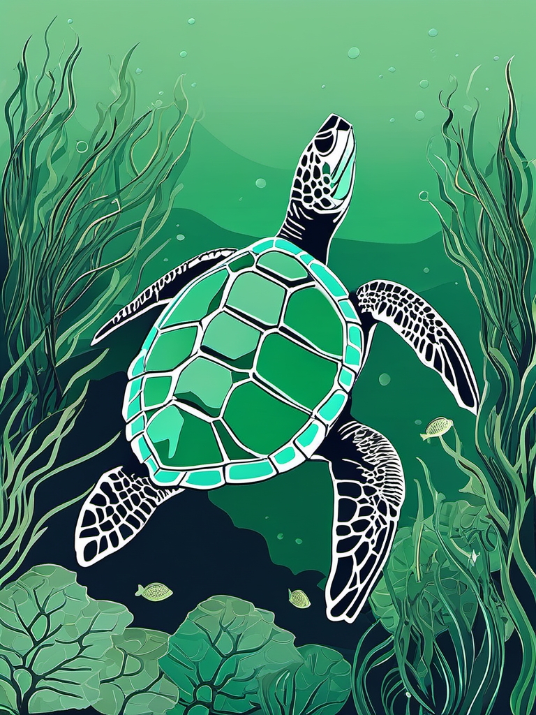 Green Sea Turtle - Surrounded by lush seaweed, the green sea turtle thrives in the rich biodiversity of its underwater home.  vector art, clipart, minimal