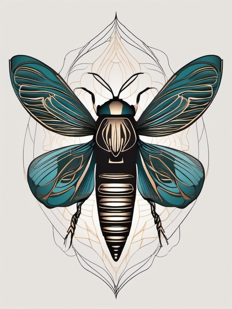 Abstract cicada silhouette design: Whimsical lines capturing the insect's unique charm.  simple color tattoo style