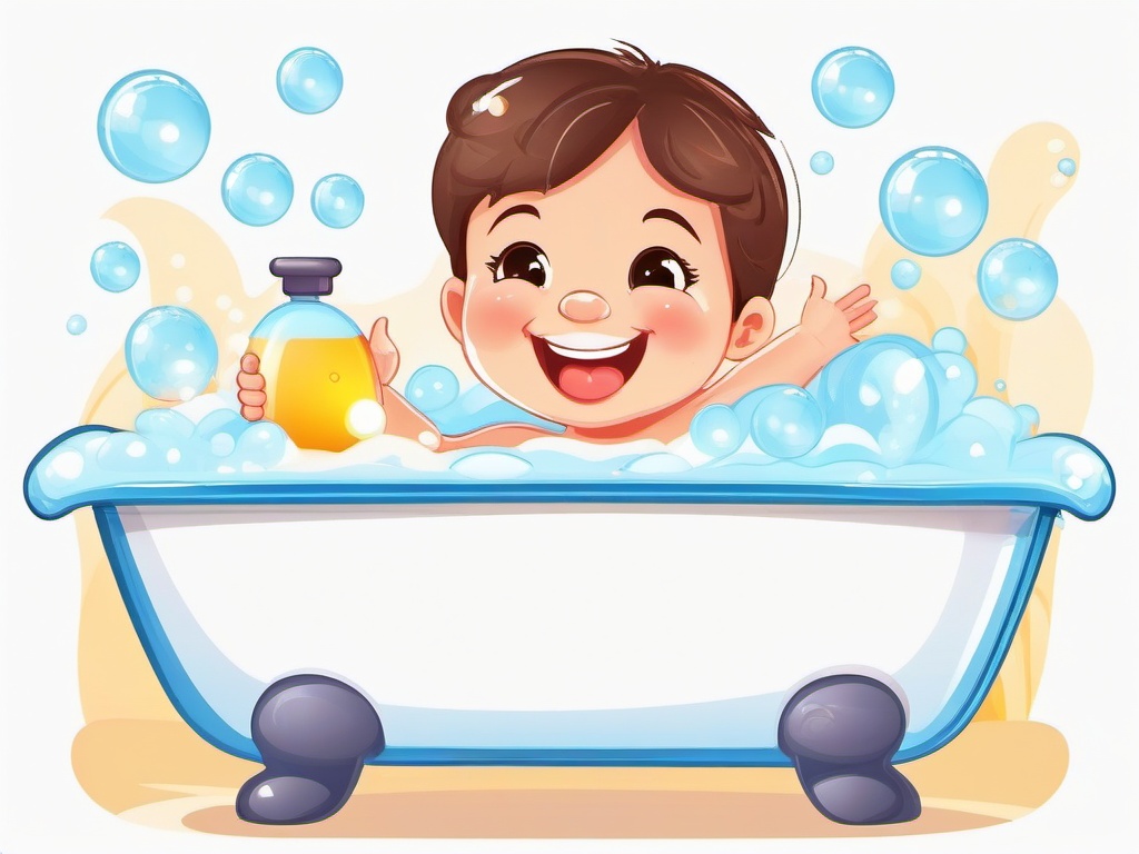 Bubble bath with a smiling kid clipart.  vector style illustration, white background