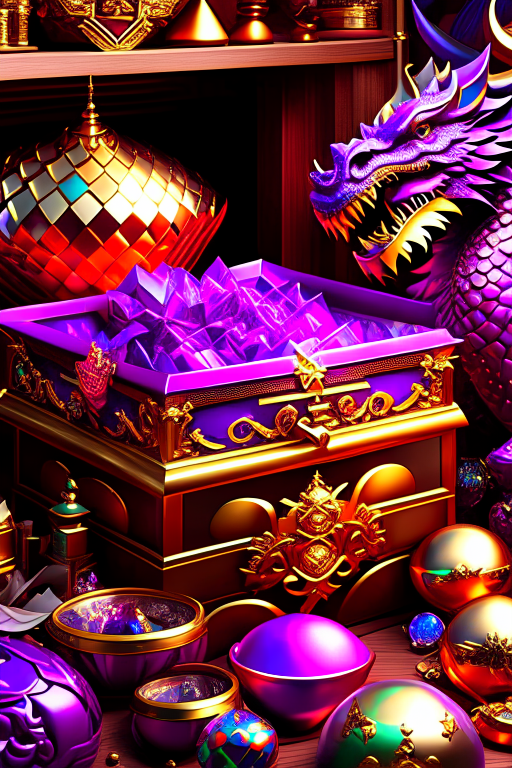 dragon's treasure room with piles of glittering gems and golden dragon statues. 