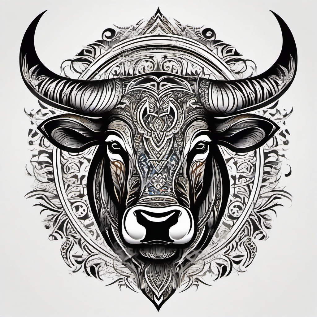 Bull with tribal patterns tattoo. Cultural symbols of enduring power.  color tattoo design, white background