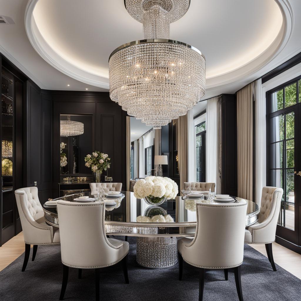 glamorous dining room with a mirrored dining table and crystal chandelier. 