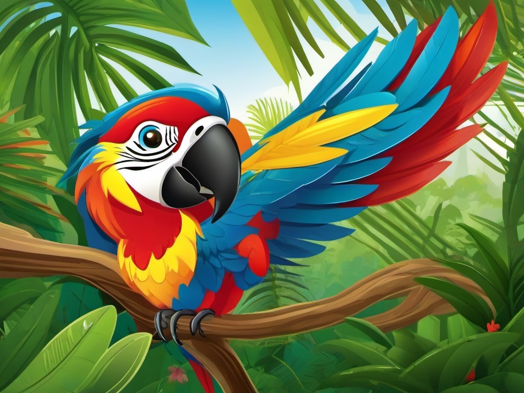 Macaw Cartoon - Cartoon of macaw in tropical jungle  