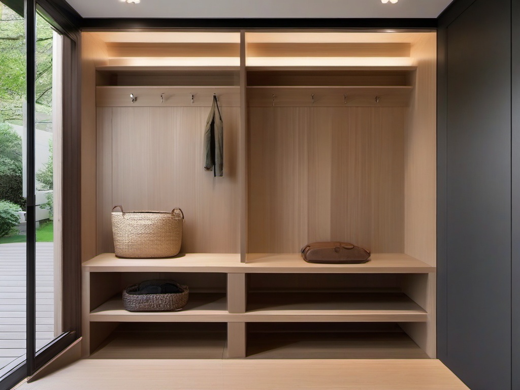 Japanese mudroom showcases clean lines, natural materials, and a minimalist approach that promotes a serene and harmonious entry environment.  